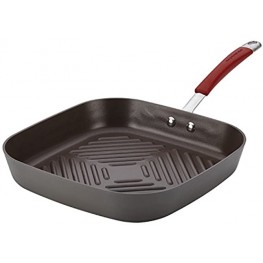 Rachael Ray Cucina Hard Anodized Nonstick Grill Deep Square Griddle Pan 11 Inch Gray with Red Handles