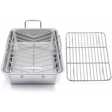 Roasting Pan E-far 15.2 Inch Stainless steel Turkey Roaster with Rack Include Deep Lasagna Pan & V-shaped Rack & Roasting Rack Non-toxic & Heavy Duty Easy Clean & Dishwasher Safe Rectangular