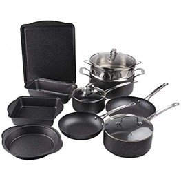 DONOUCLS Aluminum Cookware Set Carbon Steel Bakeware Set with Nonstick Durable Marble Coating– Includes Stock Pots Saucepans Frying Pans Baking Pans and Lids 13 Pieces Gray