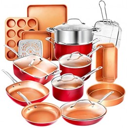 Gotham Steel Cookware + Bakeware Set with Nonstick Durable Ceramic Copper Coating – Includes Skillets Stock Pots Deep Square Fry Basket Cookie Sheet and Baking Pans 20 Piece Red