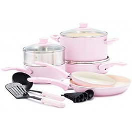 GreenLife Soft Grip Healthy Ceramic Nonstick Pink Cookware Pots and Pans Set 12-Piece