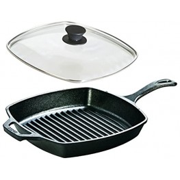 Lodge Seasoned Cast Iron Cookware Set Square Grill Pan with Square Tempered Glass Lid 10.5 Inch