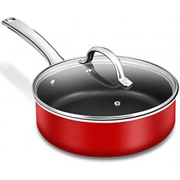 Nonstick Frying Pan with Lid 9.5" 3.5qt Deep Frying Pan Dishwasher & Oven Safe Saute Pan Jumbo Cooker with Induction Base Nonstick Fry Skillet for Gas Electric Induction Cooktops Red