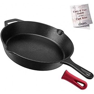 Cuisinel Cast Iron Skillet 12-Inch Frying Pan with Assist Handle + Red Silicone Grip Cover Pre-Seasoned Oven Safe Cookware Indoor Outdoor Use Grill Stovetop Induction BBQ and Firepit Safe