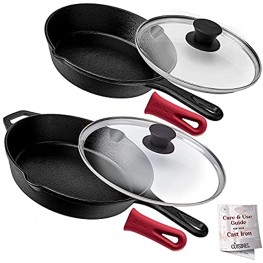 Cuisinel Cast Iron Skillet Set 8"+10"-Inch + Glass Lids + Silicone Handle Holder Covers Pre-seasoned Frying Pans Oven Safe Cookware Indoor Outdoor Use Grill BBQ Stovetop Induction Safe