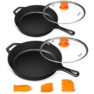 MICHELANGELO Cast Iron Skillet Set 10 Inch &12 Inch Preseasoned Cast Iron Skillets With Lid Iron Skillets for Cooking with Silicone Handle & Scrapers 10 & 12
