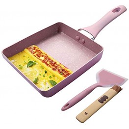 Fancy Home Japanese Omelette Pan Nonstick Tamagoyaki Square Egg Pan 7’’x 6’’ Retangle Small Frying Pan with Anti Scalding Handle Silicone Spatula & Brush（Pink