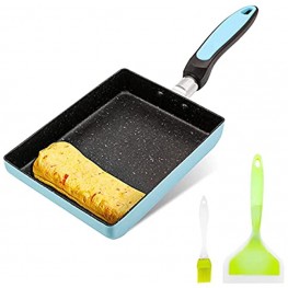 Japanese Tamagoyaki Omelette Egg Pan（blue） 7" x 6" inch Non-stick Coating Retangle Small Frying Pan Gas Stove and Induction Hob Compatible Dishwasher Safe with Silicone Spatula & Brush（green