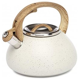Goodful Stainless Steel Whistling Tea Kettle for Stovetop Trigger Spout Wood-Look Handle 2.5 Qt Capacity Cream Speckle