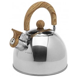 Primula Stewart Whistling Stovetop Tea Kettle Food Grade Stainless Steel Hot Water Fast to Boil Cool Touch Folding 1.5 Qt Polished Silver with Wood Handle