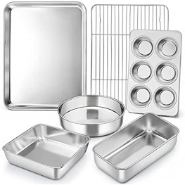 P&P CHEF Baking Pans Bakeware Set of 6 Stainless Steel Bakeware Sets Include Baking Sheet with Rack Round Square Cake Pan Loaf Pan & Muffin Pans Oven & Dishwasher Safe