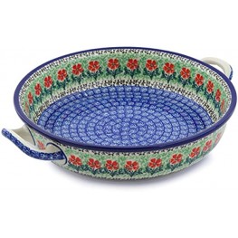 Polish Pottery 11-inch Round Baker with Handles made by Ceramika Artystyczna Maraschino Theme + Certificate of Authenticity