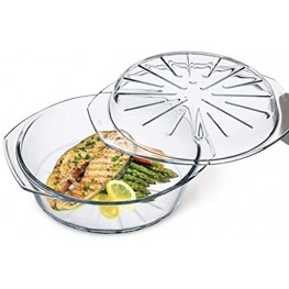 Simax Casserole Dish For Oven: Glass Baking Dish With Lid – Ridged Design for Low Fat Cooking Microwave Oven and Dishwasher Safe Cookware – Borosilicate Glassware – 2.6 Qt. Round Baking Dish