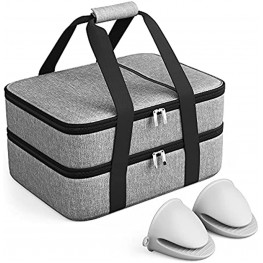 Double Decker Insulated Casserole Carrier bundled with Silicone Hand Protectors For Hot or Cold Food Insulated Bag Thermal Lunch Tote Lasagna Holder For Potluck Parties Picnic Grey