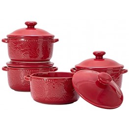 FE Mini Casserole Dish 10oz Round Mini Cocotte with Lid Lace Emboss Ceramic Baking Dish with handle Set of 4 Red