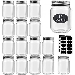 16 oz Mason Jars With Lids Regular Mouth 15 Pack-16 oz Glass Jars with Lids,Bulk Pint Clear Glass Jars For Meal Prep Food Storage With 20 Labels Silver Lids