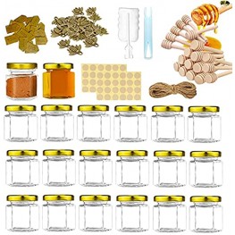 20PCS 1.5oz Hexagon Mini Glass Honey Jars Gold Lids,Mini Honey Jars with 20 Honey Stick,20 Gold Bee Pendants,20M Jute Twine,24 Sticker,20 Kraft Tag,For Baby Shower Wedding and Honey Jars Party Favors