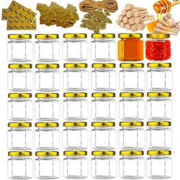 30PCS 1.5oz Glass Mini Honey Jars Gold Lids,Hexagon Glass Honey Jars with 30 Wood Dipper,30 Bee Pendants,Jutes,30 Bee Sticker,30 Kraft Paper Tags,For Baby Shower,Wedding Favors,Honey Jars Party Favors