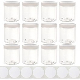 8oz Plastic Wide-Mouth Storage Jars 12 pack with labels Large straight-sided clear empty refillable food-grade BPA-free PET containers with white screw-on lids 70mm 70-400 70 400