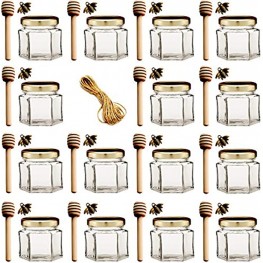 Adabocute 2 oz 15 pack Hexagon Mini Glass Honey Jars with Wood Dipper Gold Lid Bee Pendants Jutes Perfect for Baby Shower Wedding Favors Party Favors