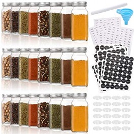 Aozita 24 Pcs Glass Spice Jars Bottles 6oz Empty Square Spice Containers with Spice Labels Shaker Lids and Airtight Metal Caps Silicone Collapsible Funnel Included