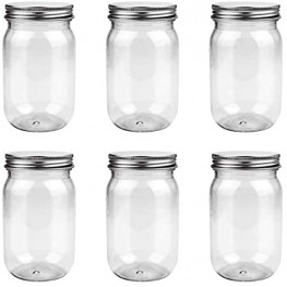Fireboomoon 6 Pack 16 Ounce Clear Plastic Mason Jars Containers With Screw Sealing Metal Tinplate Lids,Refillable Empty PET Plastic Slime Candy Storage Jars Containers for Home Kitchen Art Craft