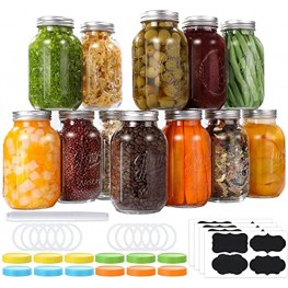 Glass Mason Jars 32 oz 12 PACK Regular Mouth Canning Jars with Metal Airtight Lids and Bands Extra Leak-Proof Colored Lids Chalkboard Labels and Marker for Meal Prep Food Storage Canning Preserving Drinking DIY Projects