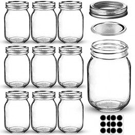 Mason Jars 16 OZ AIVIKI Glass Regular Mouth Canning Jars with Silver Metal Airtight Lids and Bands for Canning Jam Honey Wedding Favors Shower Favors Baby Foods Food Storage Overnight Oats Dry Food Snacks Candies 10 Pack 12 Whiteboard Labels