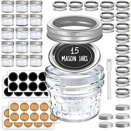 Mini Mason Jars 4 oz Small Glass Jar with Lids 15 Pack with Labels Clear Glass Container for your overnight oats yogurt spice honey and canning needs