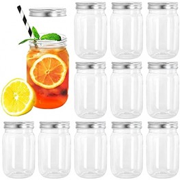 Tebery 12 Pack Clear Plastic Mason Jars with One Piece Lids 16OZ Mason Cocktail Cup Shatterproof Drinking Jar Refillable Round Empty Plastic Slime Storage Containers