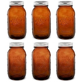 Tebery 6 Pack Ball Amber Quart Mason Jars 32oz Canning Glass Jars with Regular Mouth Lids and Bands