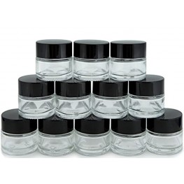 Vivaplex 12 Clear 1 oz Round Glass Jars with Inner Liners and black Lids