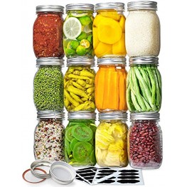 Vtopmart Regular Mouth Glass Mason Jars 16 oz 12 Pack Glass Canning Jars with Metal Airtight Lids and Bands for Meal Prep Food Storage Canning Preserving Drinking Overnight Oats DIY Projects