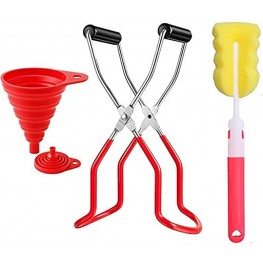 4 Pack Canning Kits,Canning Jar Lifter Tongs Stainless Steel Canning Jar Lifter with Rubber Grips,Silicone Foldable Canning Funnel Sponge Cleaning Brush for Kitchen Canning Supplies