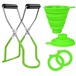 Canning Jar Lifter Stainless Steel Large Canning Jar Tongs with Grip Handles and Silicone Collapsible Foldable Funnel Rubber Seals Gasket Jars Sealing Rings for Home Canning Supplies 4 Packs Green
