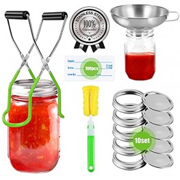 Stainless Steel Canning Supplies Canning Kits Starter Kit for Beginner:10Pcs Canning Lids with Ring Regular Mouth Canning Jar Lifter,Canning Funnel,100Pcs Jar Labels for Food Fruit