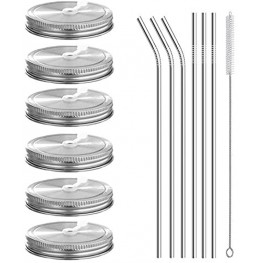 6pcs Pack 304 Stainless Steel Wide Mouth Mason Jar Lids with Straw Hole Including 6pcs Stainless Steel Straws and 1pcs Cleaning Brush Compatible with Ball & Kerr Mason Jars