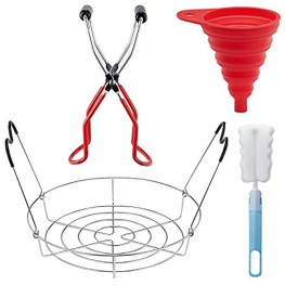 1PC Stainless Canning Rack with Heat Resistant Silicone Handles,1PC Stainless Steel Red Canning Jar Lifter Tongs 1 PC Food Grade Silicone Collapsible Canning Funnel and 1PC Sponge Cleaning Brush