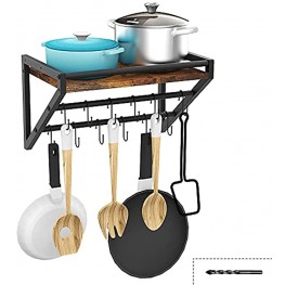 GiftGo Wall Mounted Pot Rack Pan Organizer Rack Wood Floating Shelf with 2 Tier Hanging Rails 12 S Hooks Ideal for Kitchen Pot Hanger Utensils Cookware