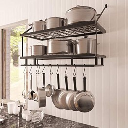 KES 30-Inch Kitchen Pot Rack Mounted Hanging Rack for Kitchen Storage and Organization- Matte Black 2-Tier Wall Shelf for Pots and Pans with 12 Hooks KUR215S75B-BK