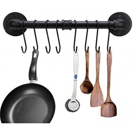 Sumnacon 16 Inch Industrial Pipe Pan Pot Rack with 8-Hooks Wall Mounted Metal Rail Kitchen Utensil Pot Pan Lid Storage Organizer Cookware Holder with Hardwares