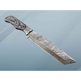 14" Long Hand Forged Damascus Steel Tracker Knife Damascus Fixed Blade Tanto Knife 2 Tone Black Dollar Wood Scale Filet Knife Cow Hide Leather Sheath Included