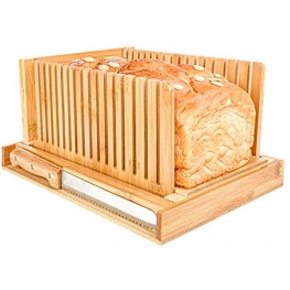 Bamboo Bread Slicer for Homemade Bread Loaf Cutting Guide with 2 Knives – Foldable and Compact with Crumbs Holder Tray and Knife
