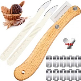 Bread Lame Knife with 10 Pieces Replaceable Blades Wooden Handle Lame Slashing Tool and 2 Pieces Dough Scoring Knife with Plastic Protective Cover for Making Bread Tool