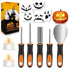 Halloween Pumpkin Carving Kit Premium Stainless Steel Halloween DIY Decoration Stencils 2 LED Candles 13PCS Professional Pumpkin Cutting Supplies Tools with Heavy Duty Knife for Kids & Adults