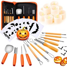 Halloween Pumpkin Carving Tool Kit Including 12 Pieces Stainless Steel Pumpkin Carving Tools 12 Pieces Flameless LED Tea Lights Flickering Battery Operated Fake Candle with Zipper Tool Bag Mold Paper