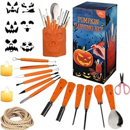 Halloween Pumpkin Carving Tools Kit Halloween Jack-O-Lanterns 12 Piece Professional Pumpkin Cutting Supplies Tools Kit With 2 LED Candles & Hemp Rope & 6 Pumpkin Carving Stencils-FT 12 Piece