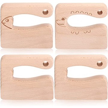 4 Pieces Wooden Kids Knife 2 Patterns Safe Cutting Knife Wooden Cooking Chopper Kitchen Tools for Toddlers Cutting Fruit and Vegetable for 2-8 Years Old