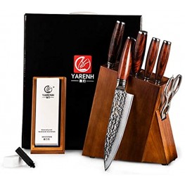 Damascus Kitchen Knife Set with Block Wooden and Sharpener Stone- Yarenh Professional Chef knife Set 8 Piece Japanese High Carbon Stainless Steel Galbergia wood Handle Gift Box Packaging