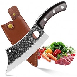DRAGON RIOT Hand Forged Butcher Knife Meat Cleaver with Leather Sheath Outdoor Camping BBQ Knife Hammered Chopper Boning Knife with Finger Hole Kitchen Chef Knife with Gift Box
